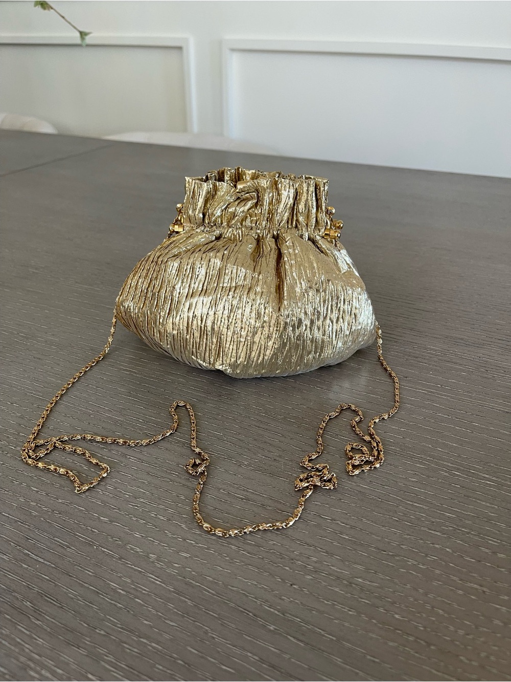 Gold Metallic Ruched Drawstring Wristlet with Chain Strap - Picture 1 of 11